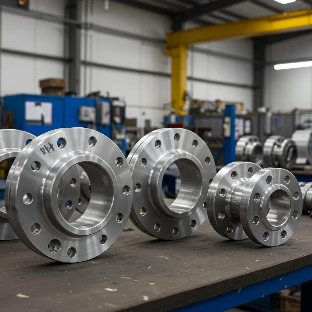Various aluminum flanges displayed in a workshop, emphasizing their shapes and industrial context